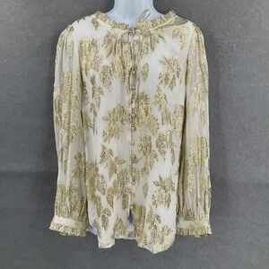 TALBOTS‎ Womens Gold Floral Sheer Blouse Long Sleeve Tie Neck XL Party Holiday